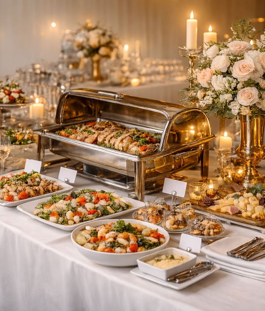 Buffet Catering Setup mit warmen Speisen und Antipasti für Events in Hamburg