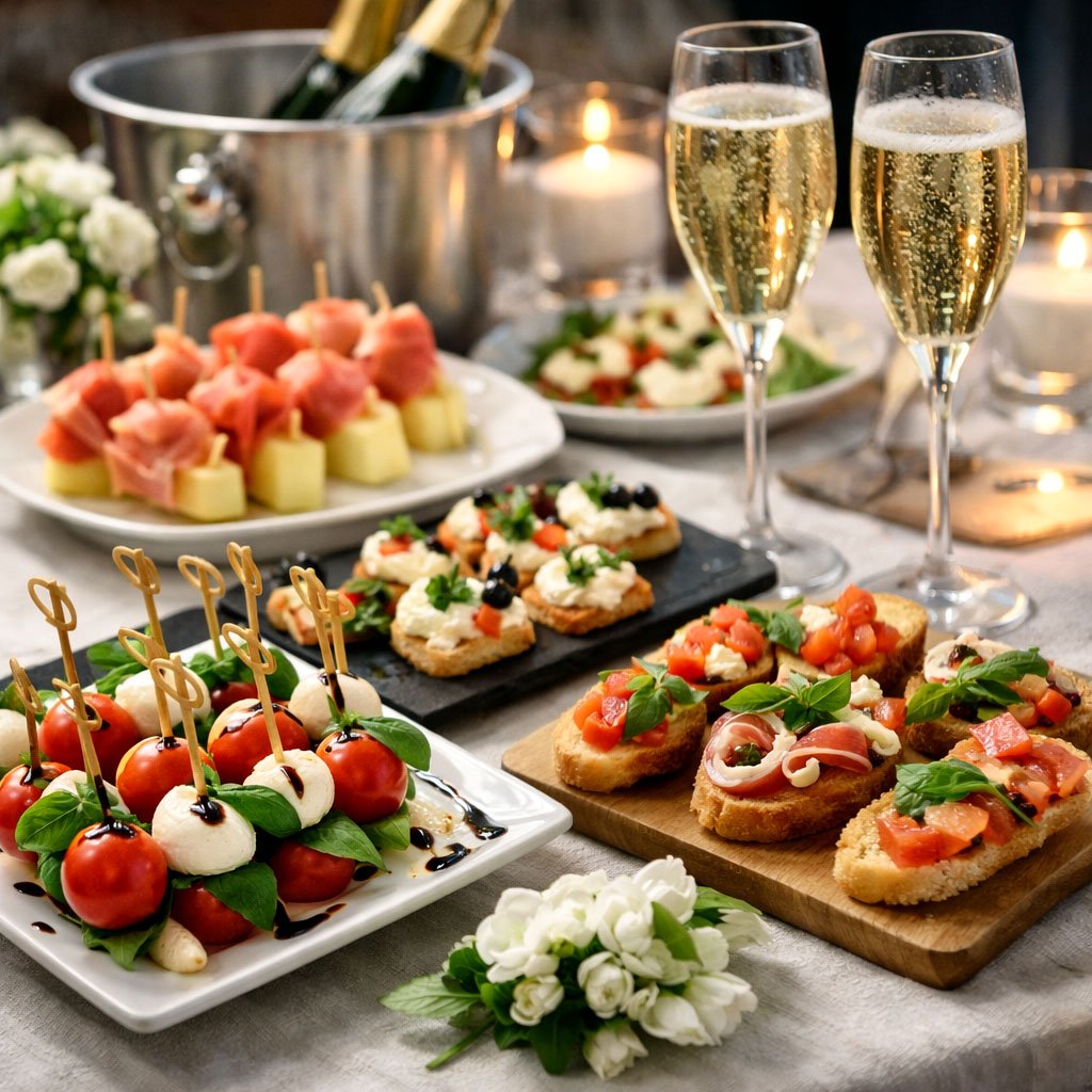 Italienisches Hochzeits Fingerfood mit Champagner